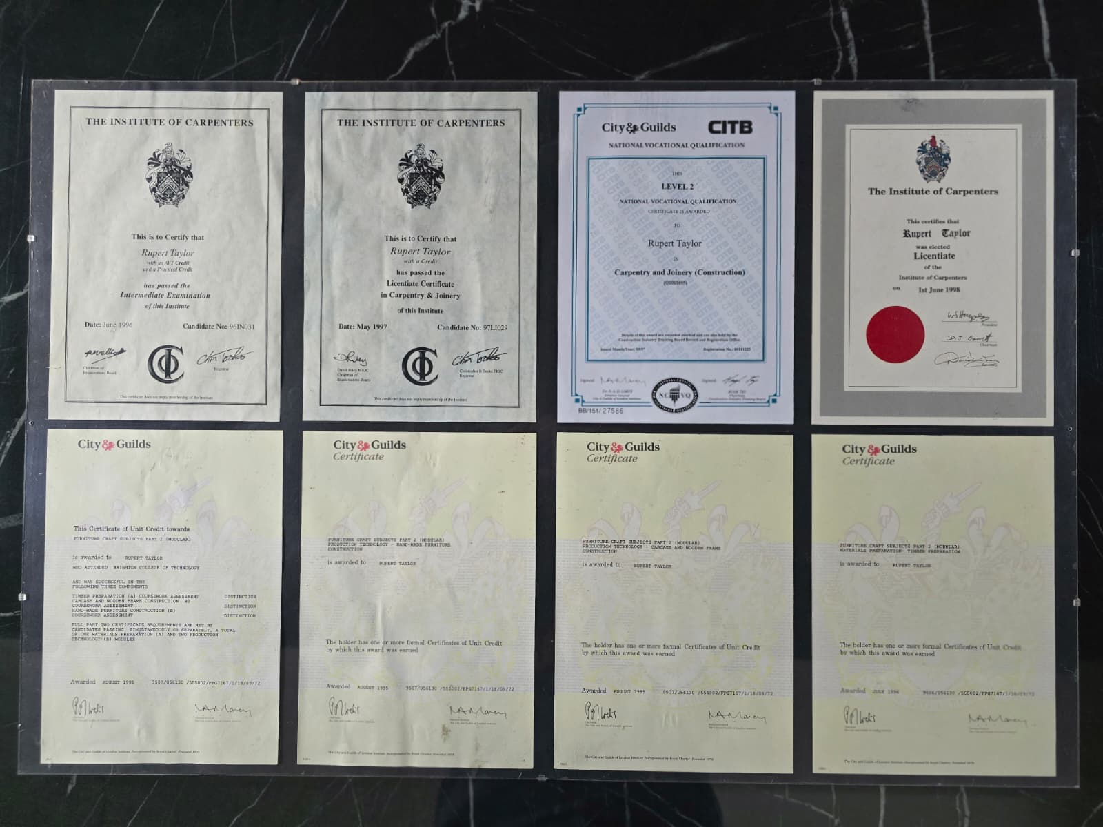 Professional carpentry and joinery certificates awarded to Rupert Taylor of Taylor Made Carpentry